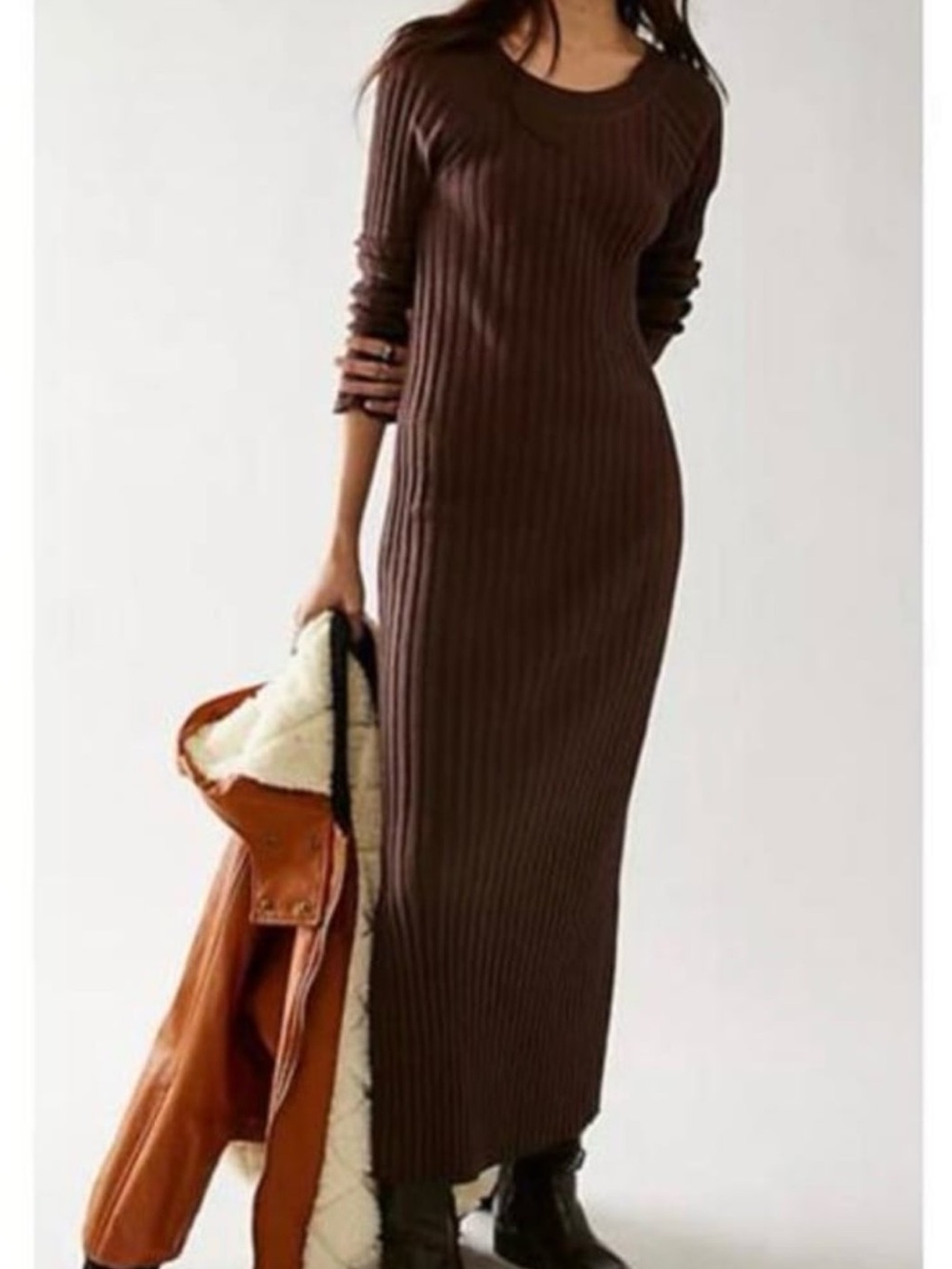 Free People Women’s Ribbed Long Sleeve Maxi Dress in Brown